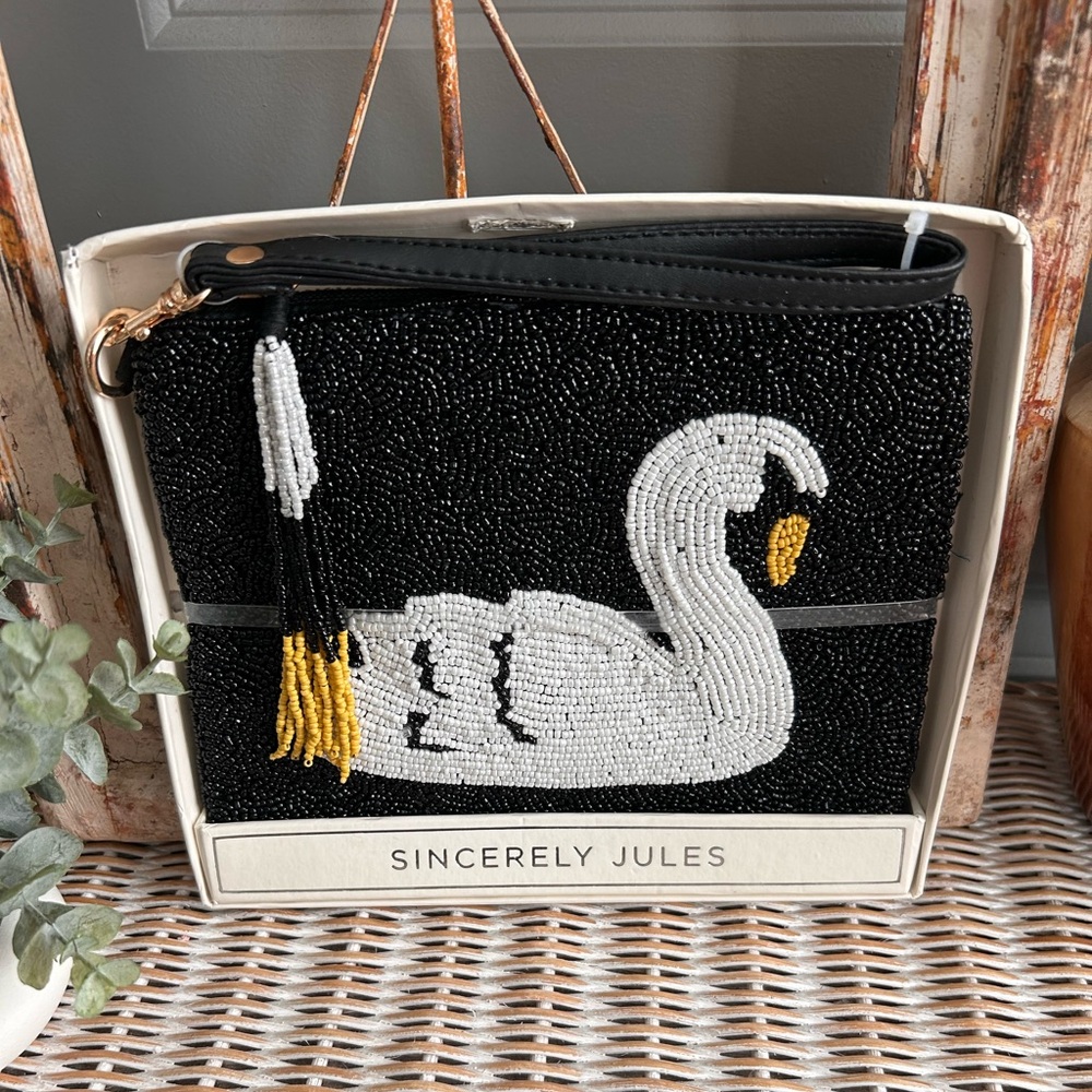 Sincerely Jules black and white swan beaded wristlet pouch